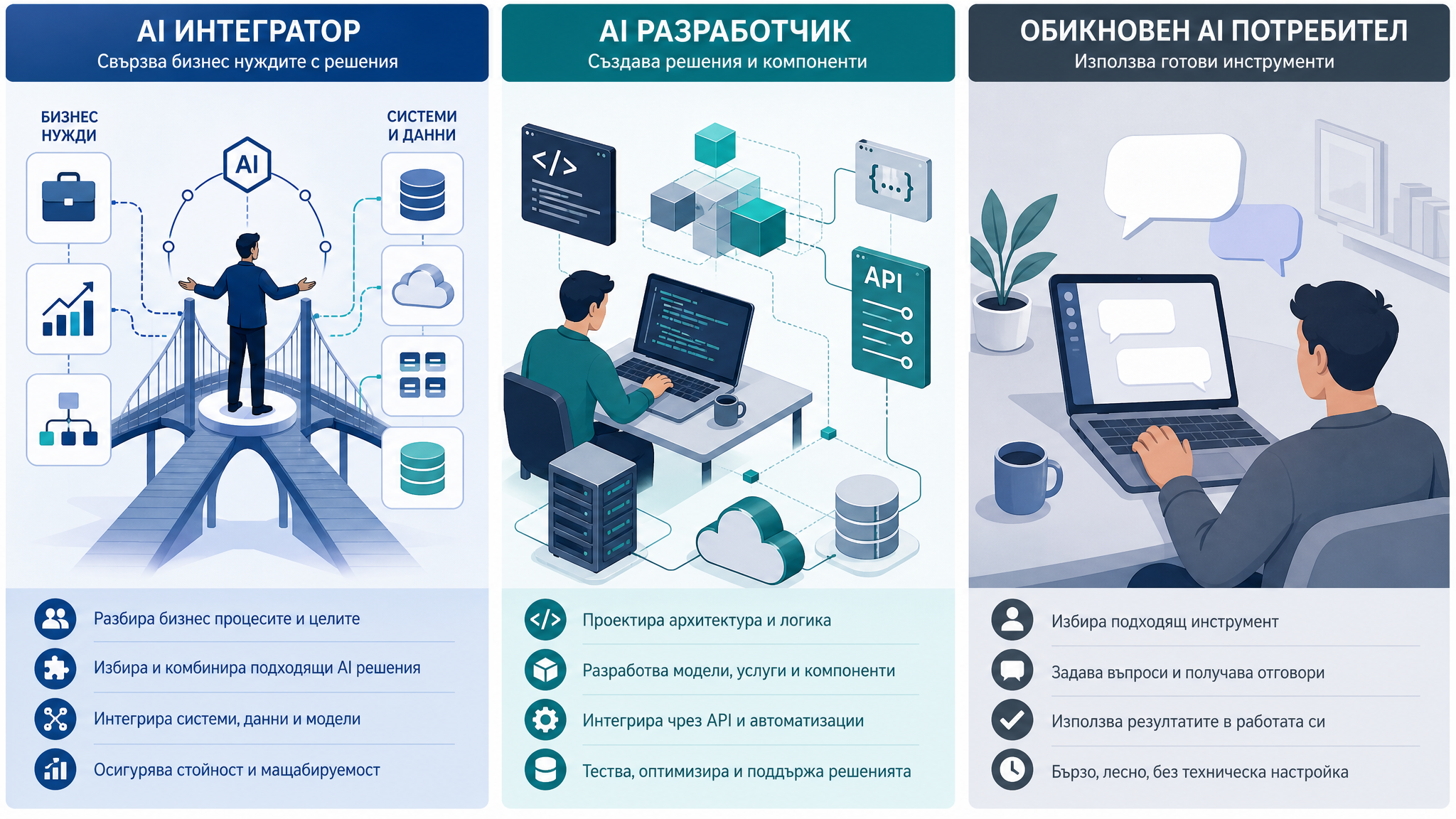 Каква е разликата между AI интегратор, разработчик и обикновен потребител на AI