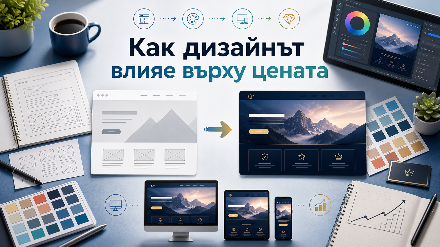 Designer workspace with wireframes, color palettes, responsive mockups, and a custom website design progression.