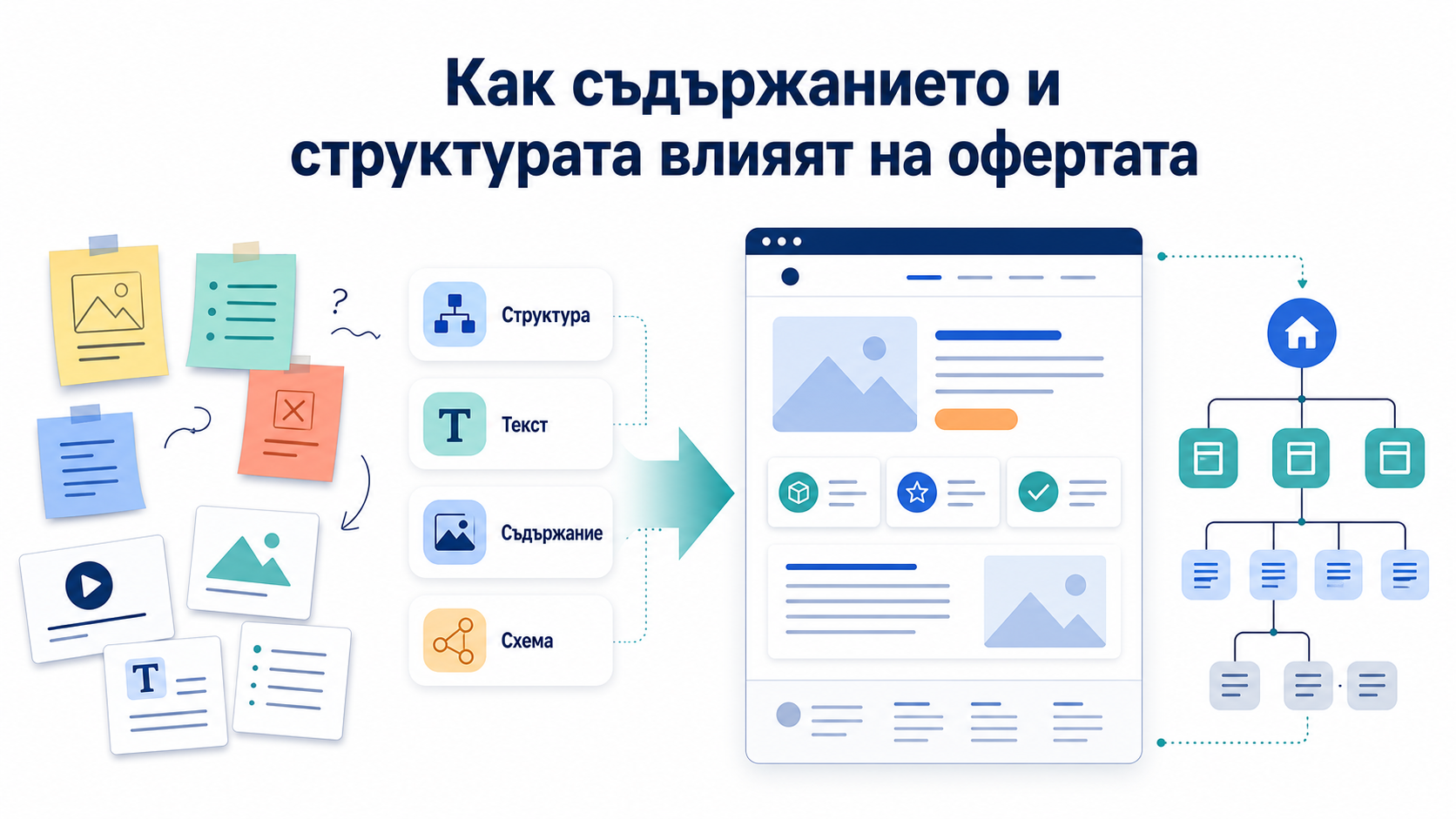 Content cards and sitemap nodes turning into a clear website structure and page hierarchy.
