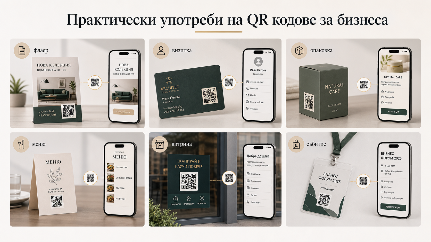 Инфографика с шест практични бизнес употреби на QR кодове: флаер, визитка, опаковка, меню, витрина и събитие, всяка свързана със смартфон и QR действие.