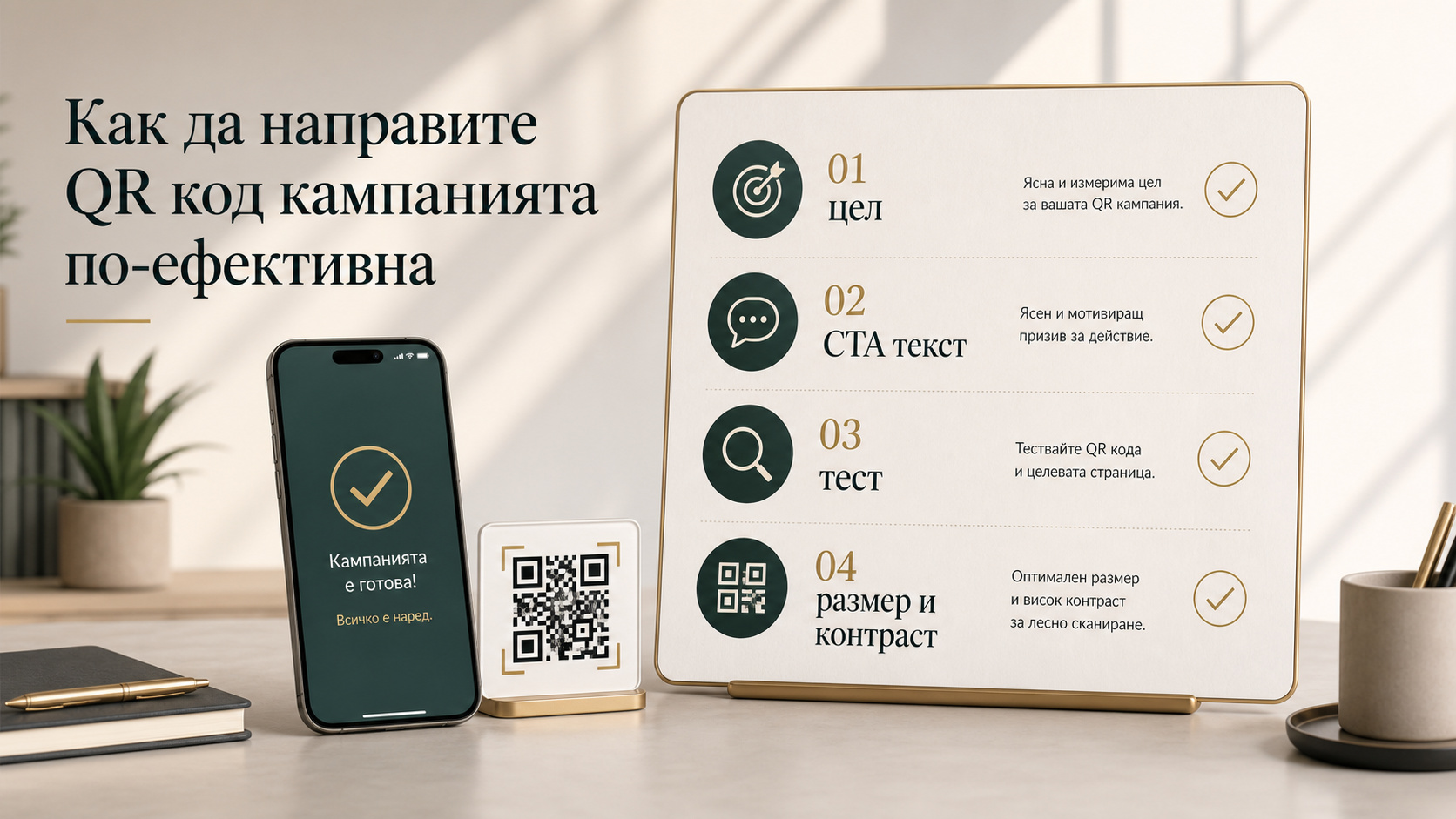 Проверочен board за ефективна QR кампания с четири ясни стъпки: цел, CTA текст, тест, размер и контраст, плюс смартфон и QR карта.