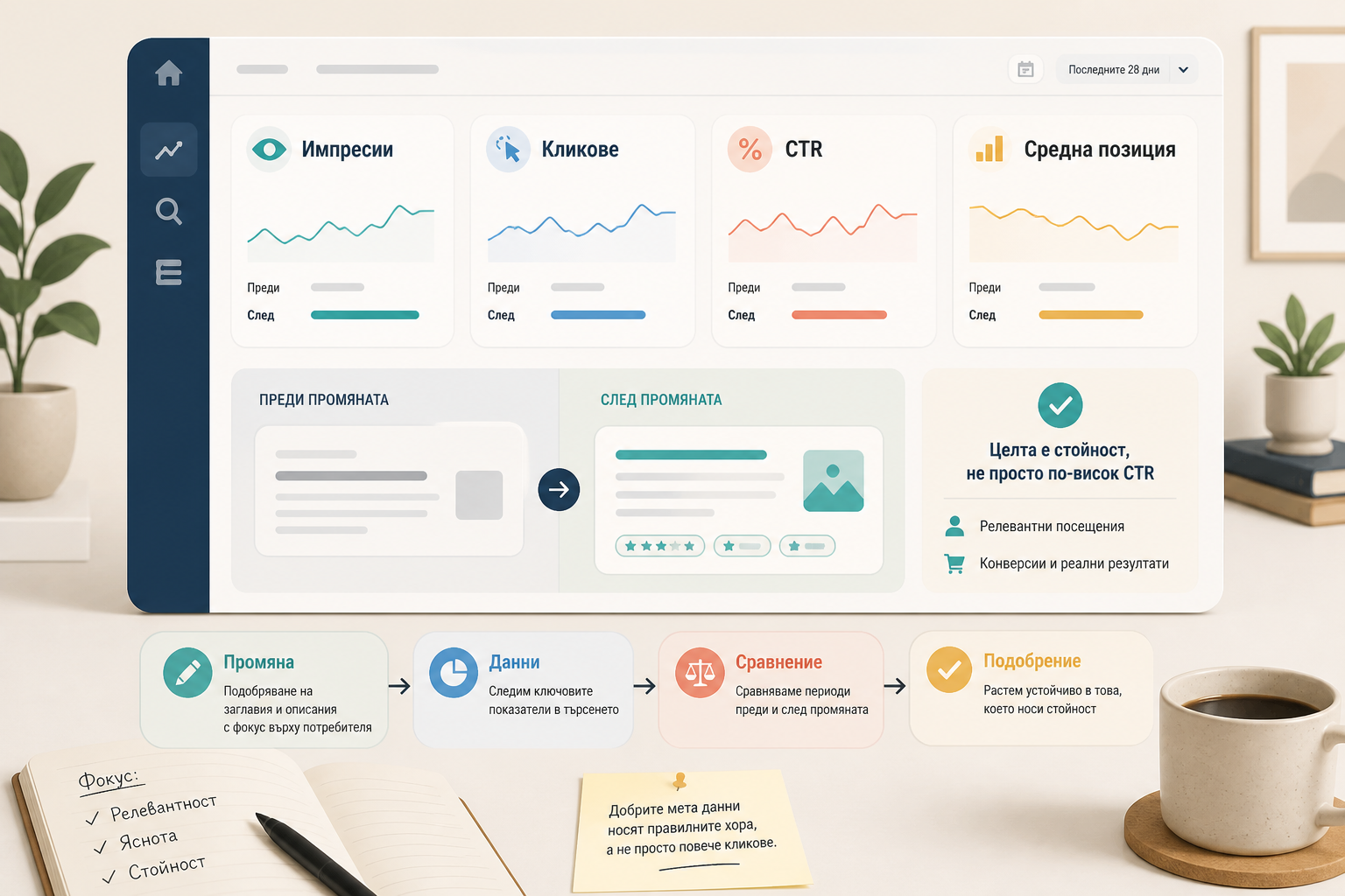 Измерване на SEO промени чрез CTR и средна позиция