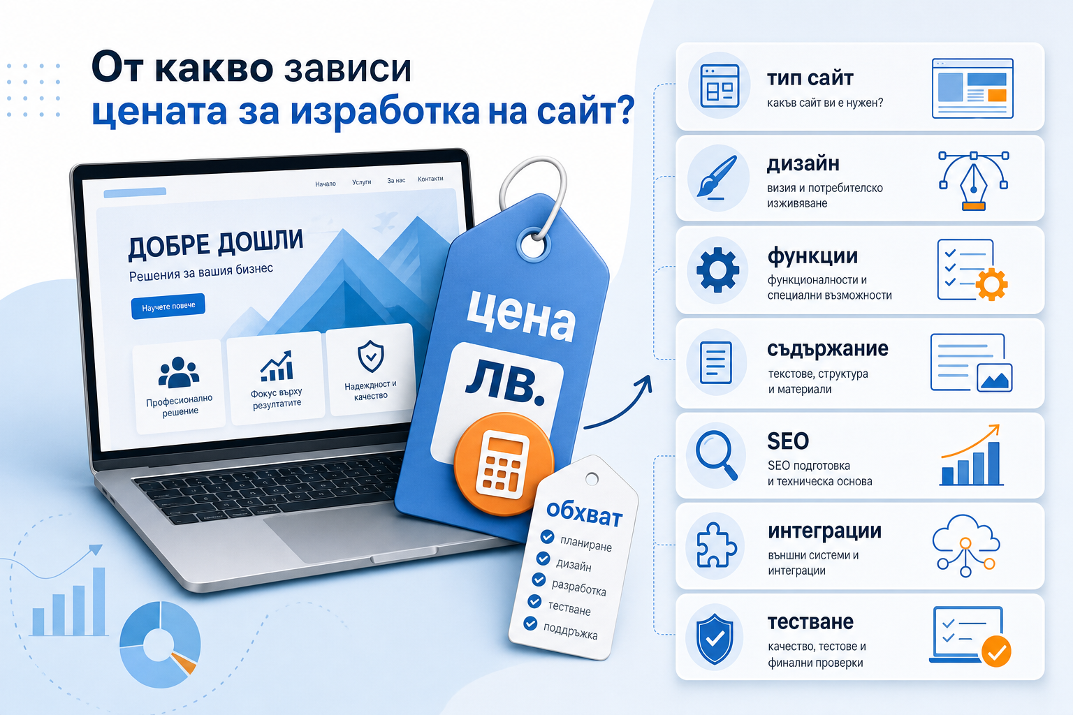 Bulgarian infographic showing the factors that determine website development cost: scope, design, features, content, SEO, integrations and testing.