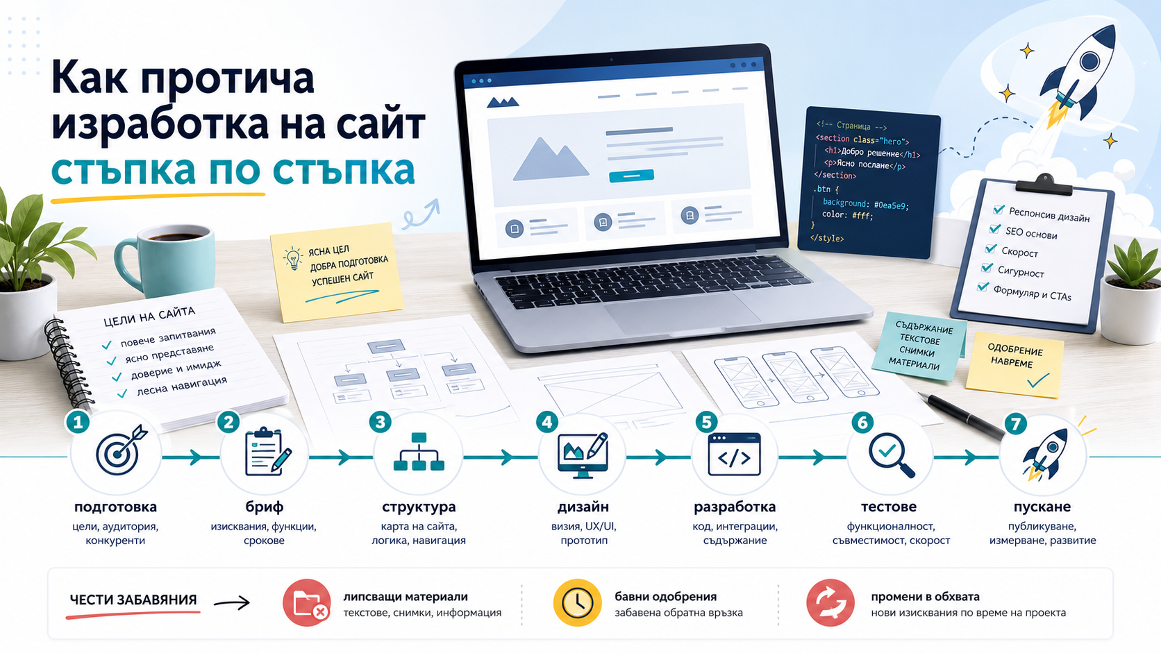 Как протича изработката на сайт стъпка по стъпка: процес, срокове и подготовка