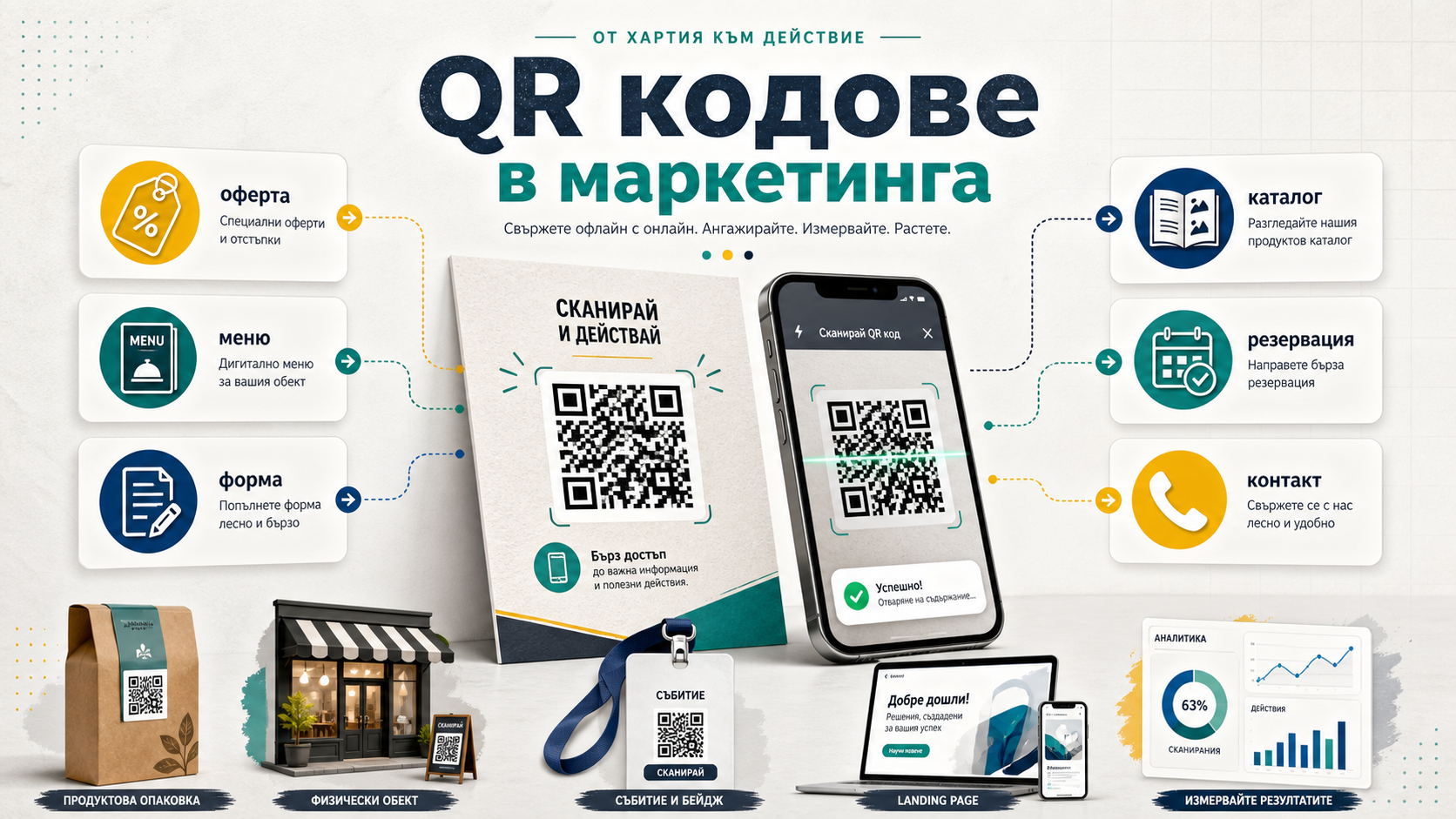 Bulgarian editorial infographic about how businesses use QR codes in marketing, with a smartphone scanning a QR code and callouts for offer, menu, form, catalog, reservation, contact, landing page and analytics.