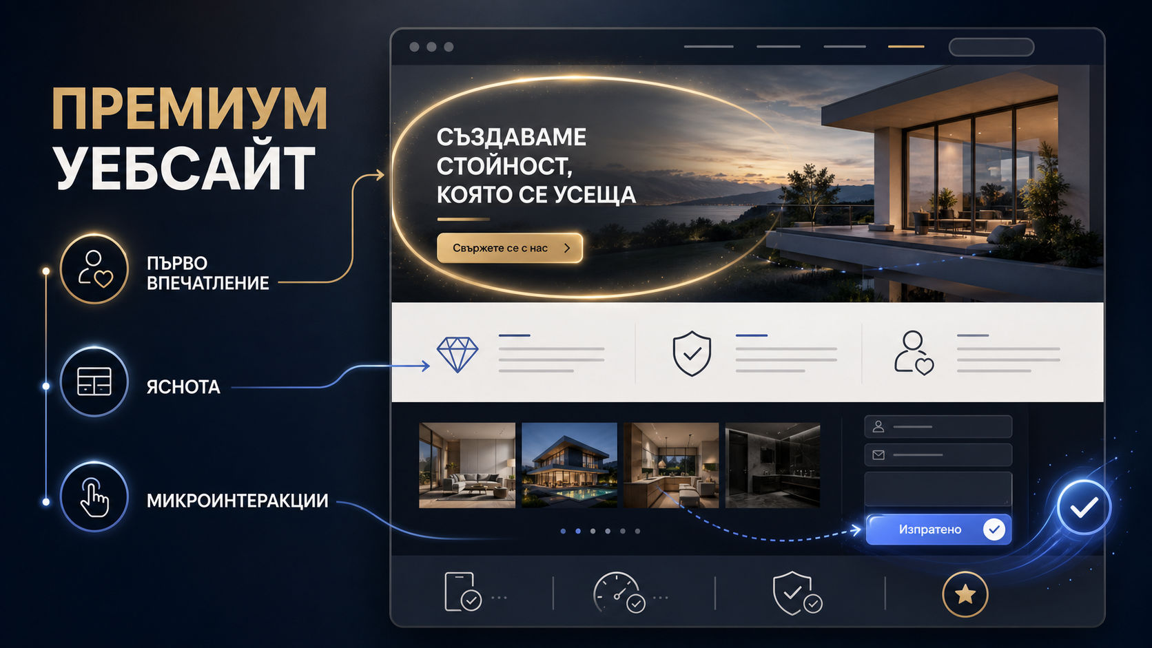 Премиум уебсайт с визуален ореол за първо впечатление, ясна структура и микроинтеракции
