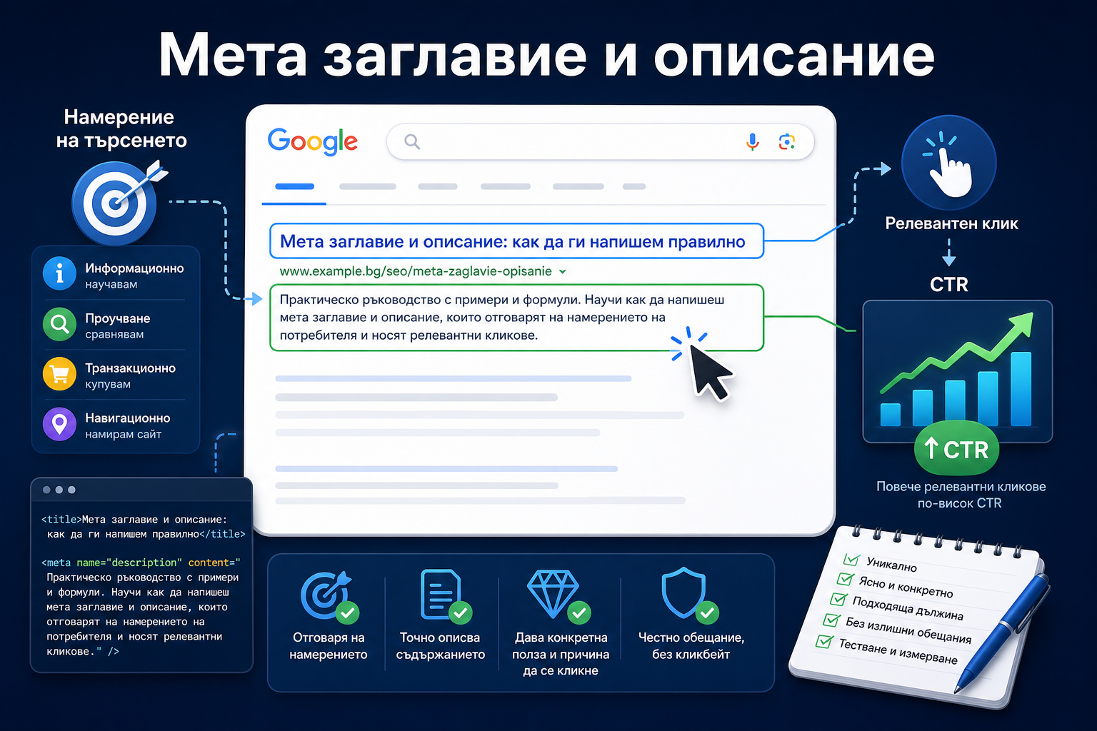 Инфографика за мета заглавие и описание, намерение на търсенето и CTR