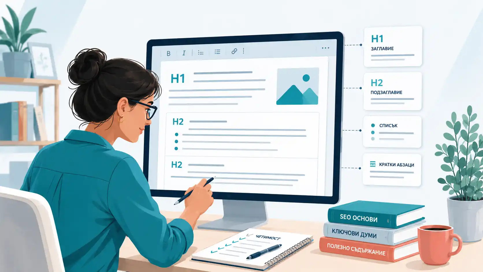 Добра структура на SEO статия с H1 H2 подзаглавия и кратки абзаци